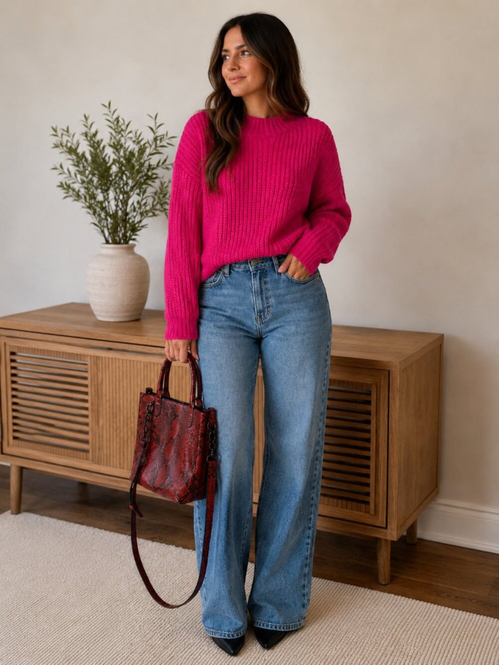 Hot Pink Fuchsia Chunky Knit Oversized Crewneck Sweater